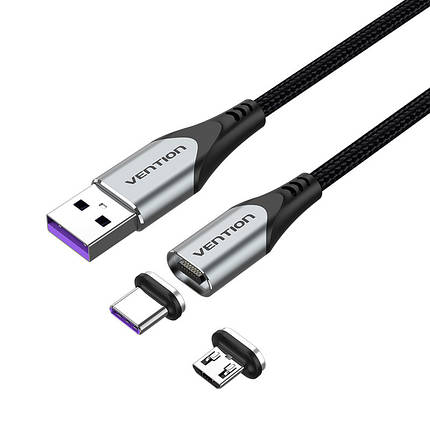 Кабель 2 в 1 USB-MicroUSB-Type-C Vention Nylon Magnetic 3А 480Mbps nickel-plated 1m Grey (CQNHF), фото 2