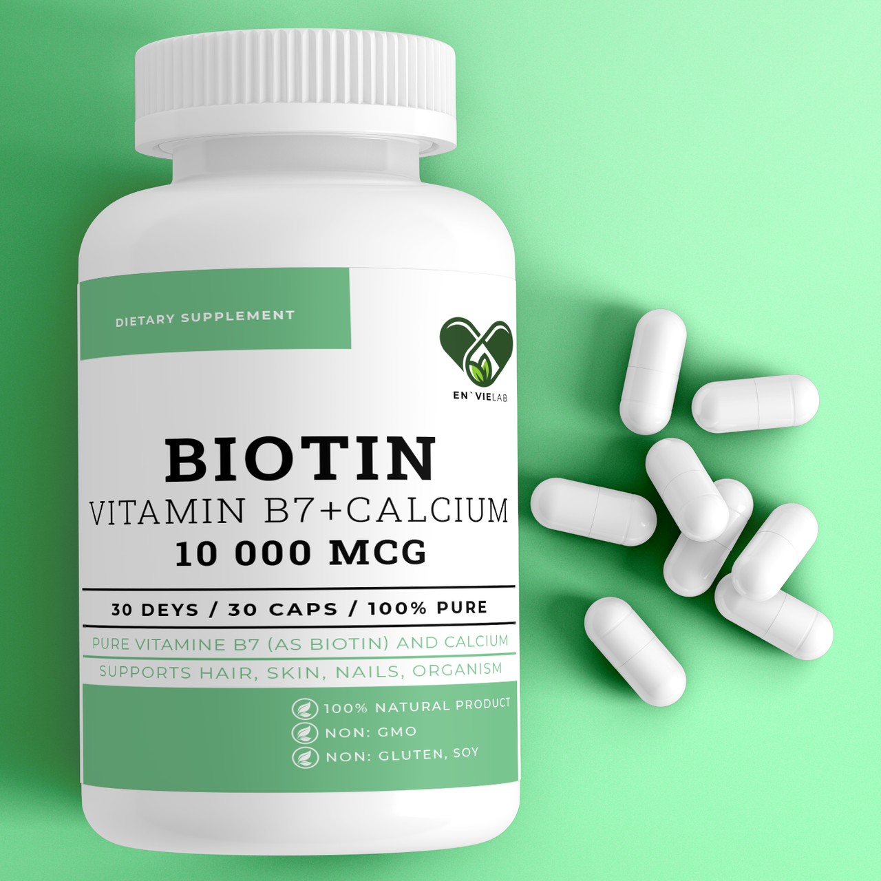 

Биотин для волос 10 000 мкг. PREMIUM с кальцием (Biotin 10 000 mcg.) EN`VIE LAB 30 капсул