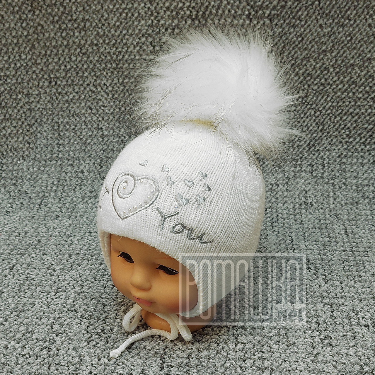 38-40 0-5 місяців термо утеплена зимова в'язана шапка для новонародженого дівчинки з хутряним помпоном 8111 БЛ