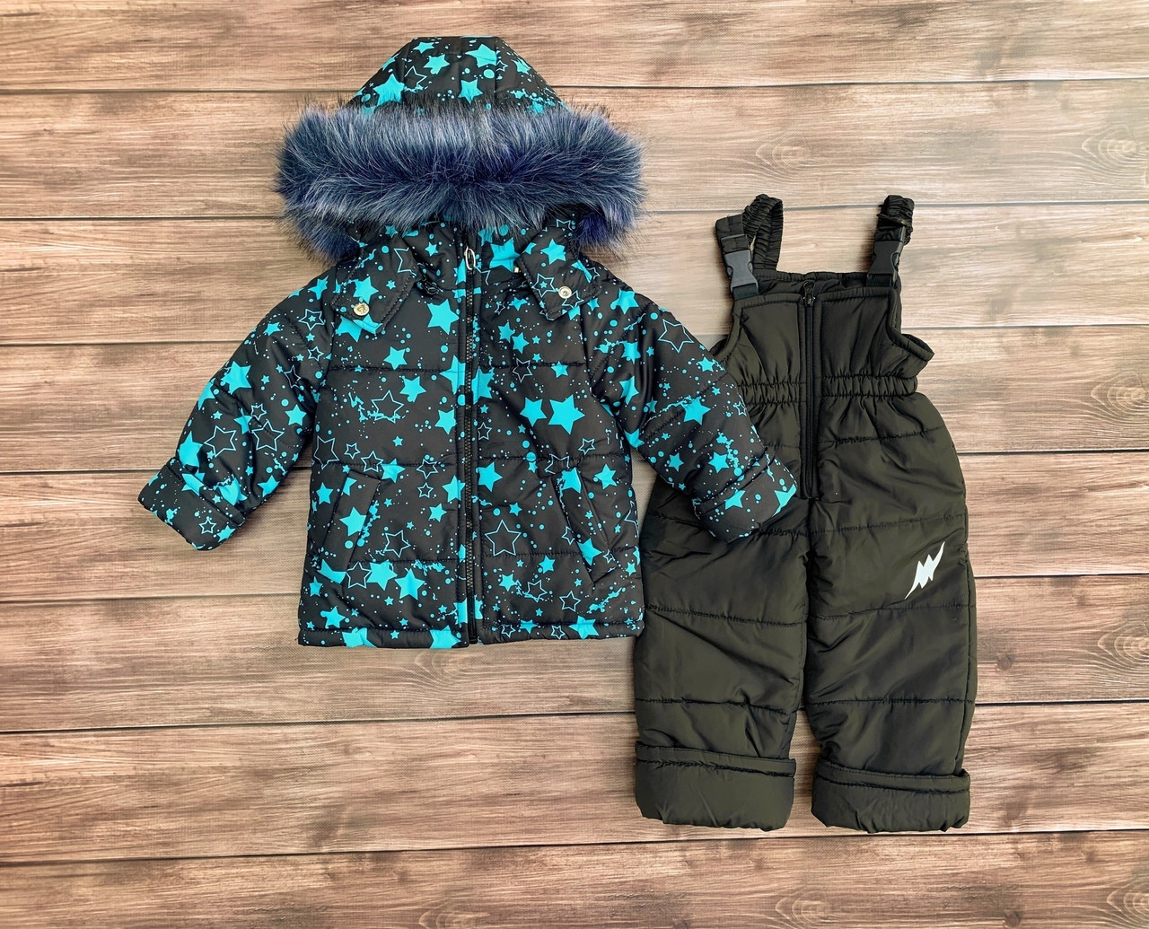 

Зимний комбинезон двойка для детей со съемным мехом Зимняя куртка и полукомбинезон на овчине для малышей 1 год, Бирюзовый