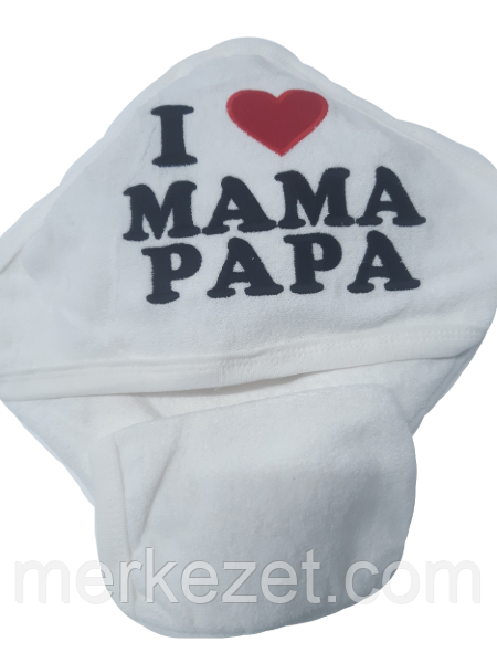 дитячий махровий рушник для купання з капюшоном та надписом Я люблю мама і тата