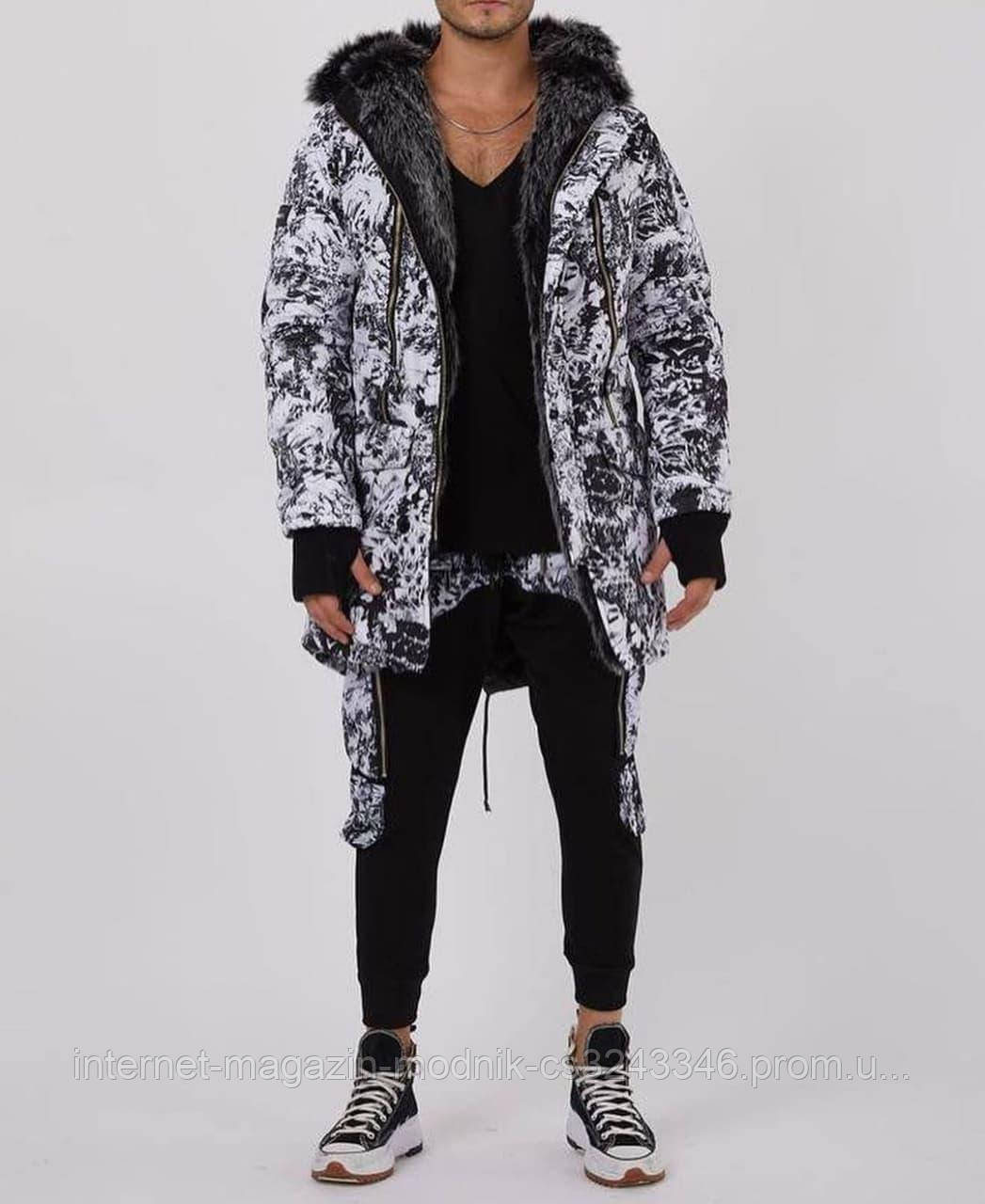 

Мужская зимняя куртка стильная спринтом (серая) sop5 длинная теплая пуховка с мехом XL