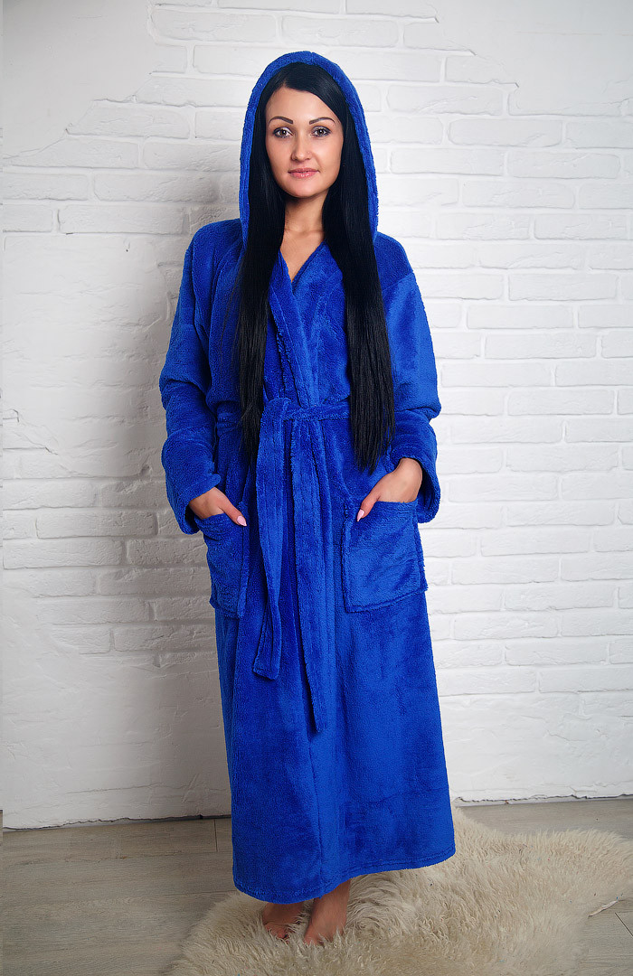 

Махровый женский халат длинный с капюшоном, р-р 44-52, Синий