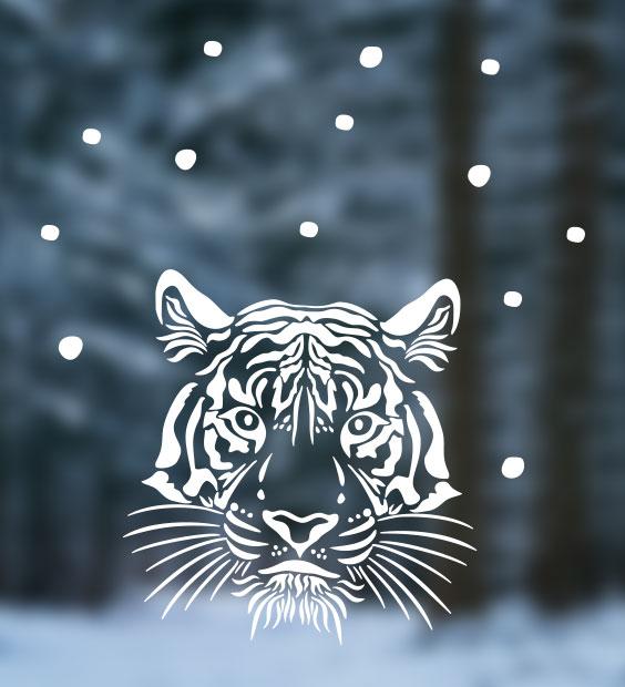 

Новогодняя наклейка Голова тигра (символ года 2022 наклейки на окно новый год снежинки) матовая 375x400 мм, Разные цвета