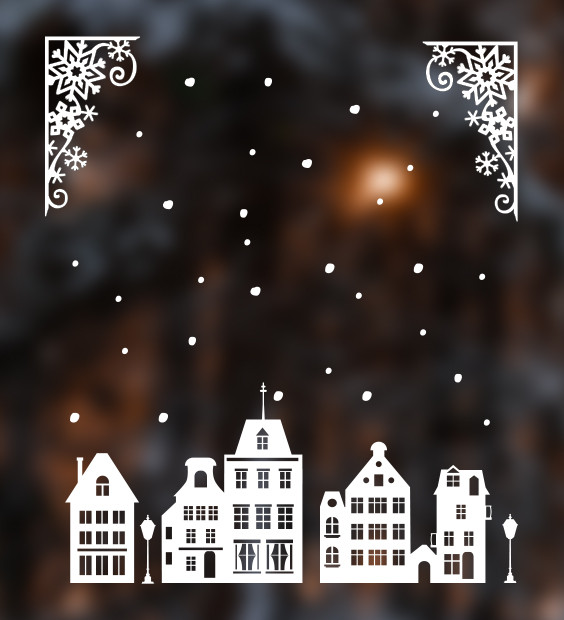 

Новогодняя виниловая наклейка на окно Зима в Амстердаме матовая самый большой домик 450х640 мм самый маленький, Разные цвета