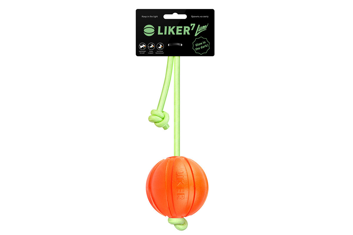 Liker Lumi 7  - Мячик для щенков и собак мелких и средних пород со шнурком, светящимся в темноте