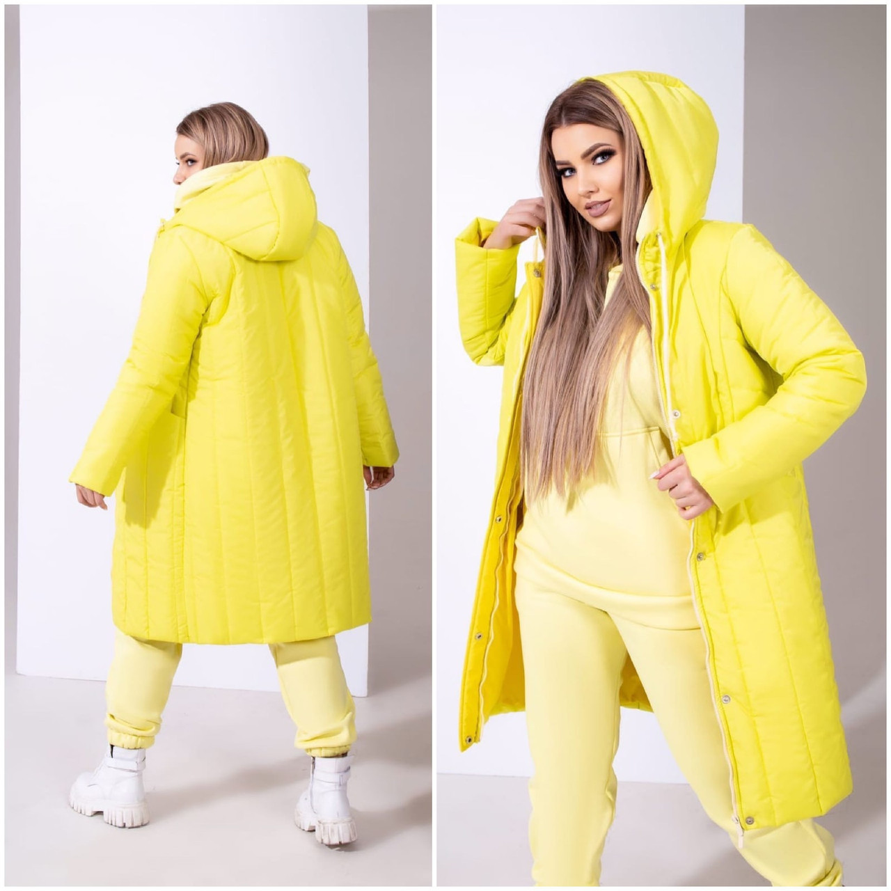 Зимове жіноче пальто жовте з плащової тканини на синтепоні (4 кольори) ВШ/-31346