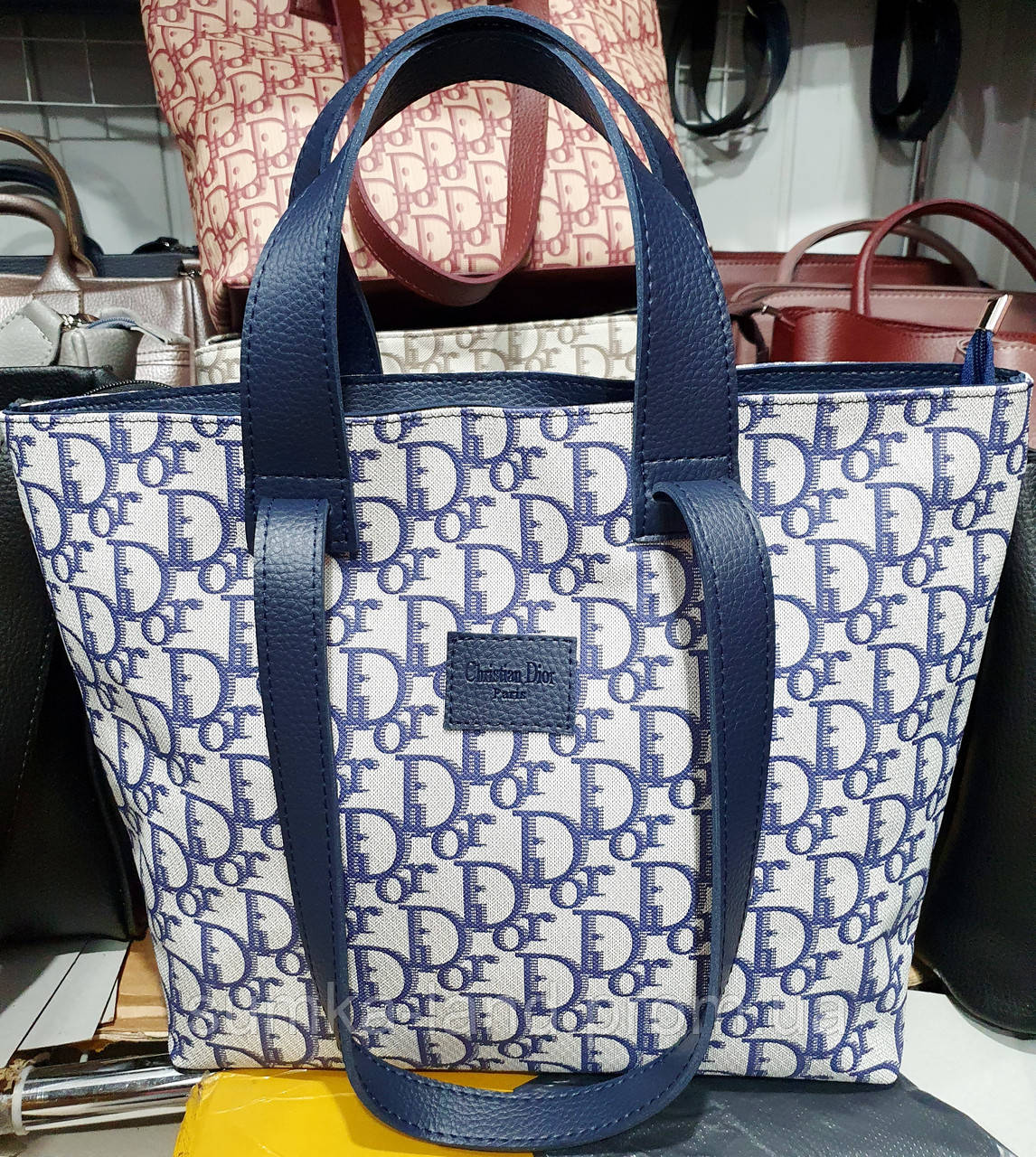 Женская молочная брендовая сумка Dior с 4 синими ручками 39*30 см