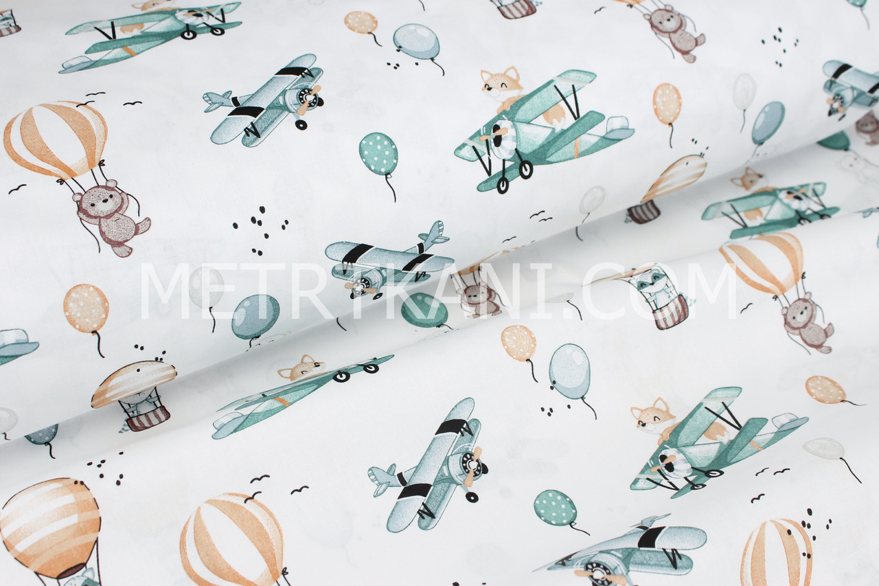 Хлопковая ткань "Лисички на самолетах и мишки с воздушными шарами" на белом фоне № С-1910