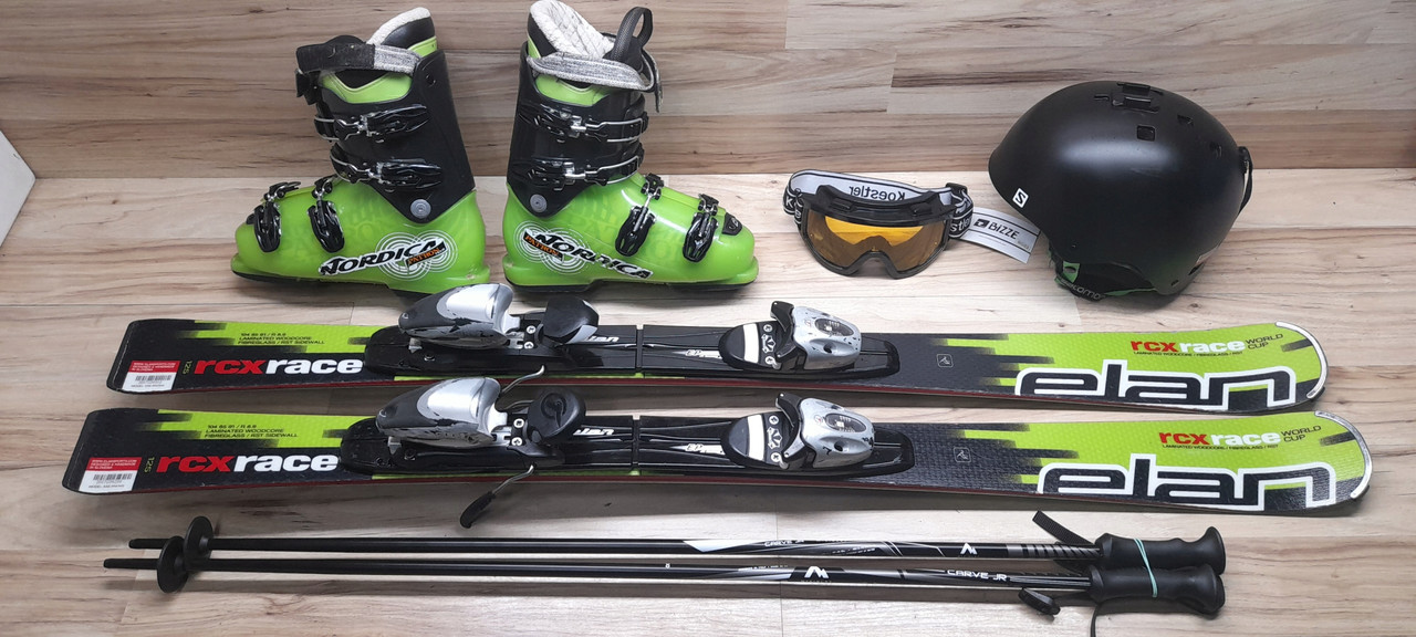 Комплект ELAN лыжи 125 см, сапоги 24 см - размер 37.5, шлем, палки, очки домовичок техно