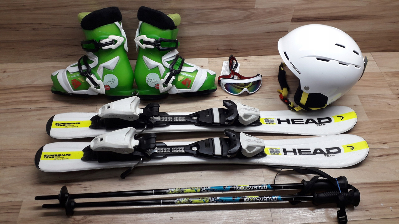Комплект HEAD лыжи 87 см, сапоги 20 см - размер 31, шлем, палки, очки домовичок техно