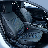 Накидки сидений "Экокожа" 3D Черные - Синяя  нить- центр 1+1  (задняя спинка,карман,боковушки)