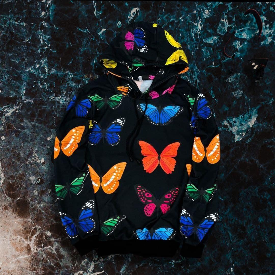 Худи унисекс с бабочками черного цвета на осень яркое стильное модное мужское/женское
