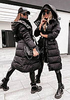 Стёганое зимнее женское пальто с капюшоном; ткань: плащёвка лаке, синтепон 300 + подкладка, фото 1