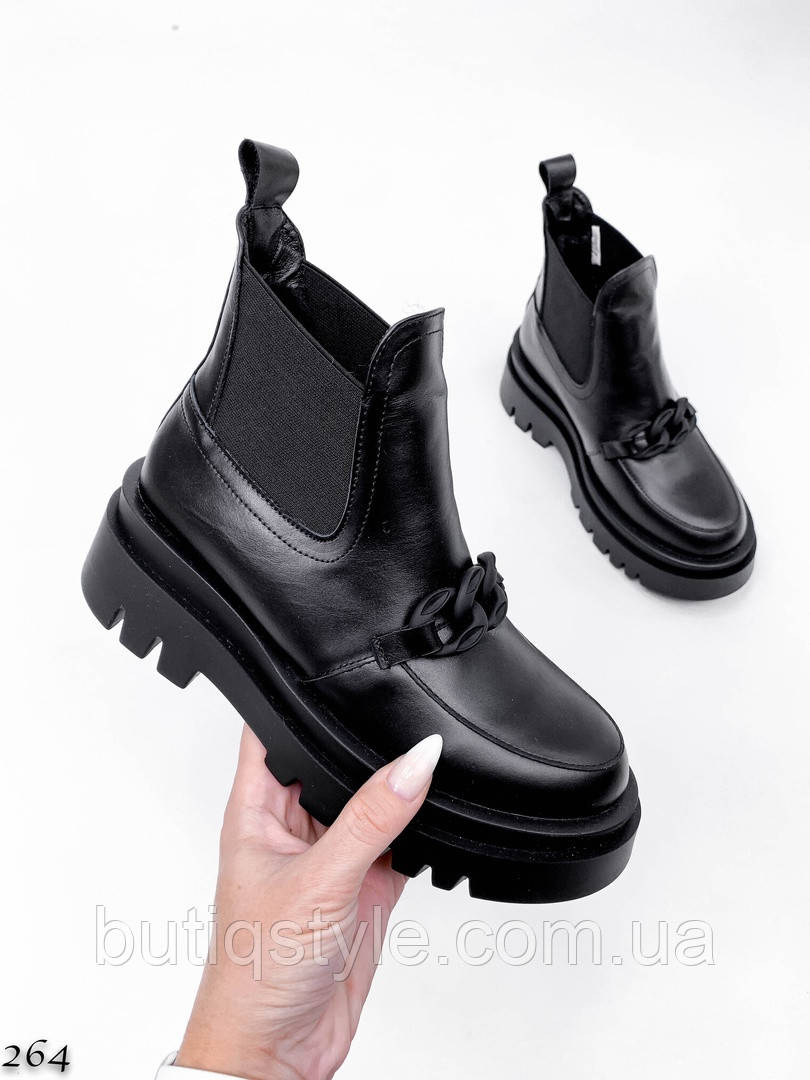 Жіночі чорні черевики натуральна шкіра з ланцюжком Зима
