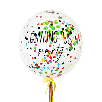 Дзеркальна куля гігант білий з різнобарвним конфетті, чорним написом "Among Us Party", декор жовтий дощик і, фото 2