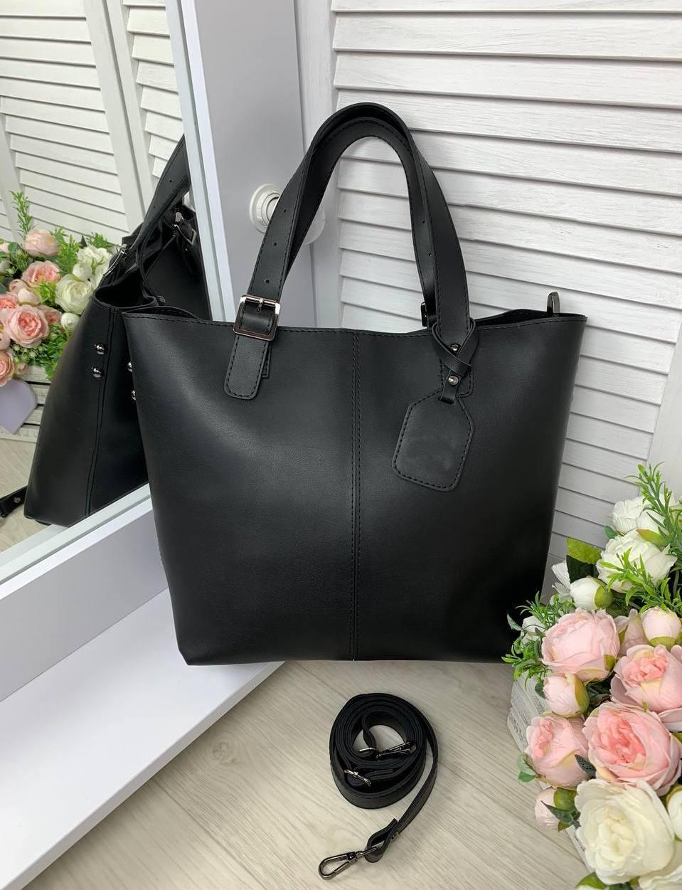

Большая женская сумка стильная шоппер городская модная черная экокожа, Черный