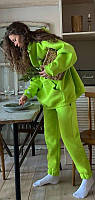Теплый женский костюм на флисе: удлиненный худи с капюшоном, штаны джогеры Салатовый