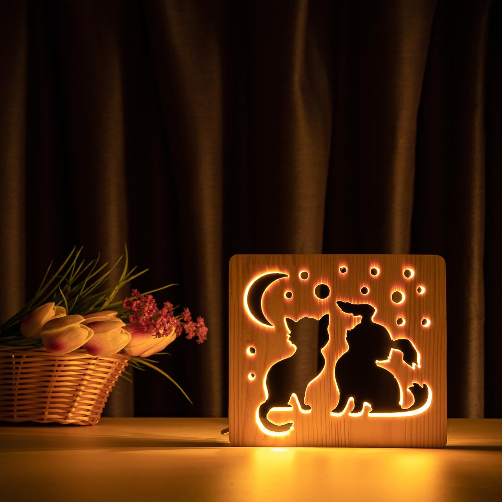 Светильник ночник из дерева " Кот и собачка " с пультом и регулировкой света
