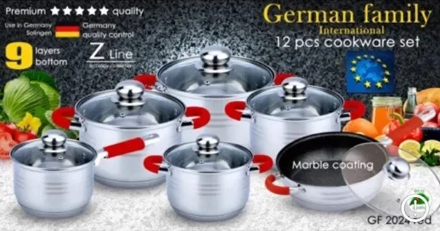 

Набор посуды German Family GF-2024 красные силиконовые ручки, качественный набор кастрюль на 12 предметов, Светло-серый