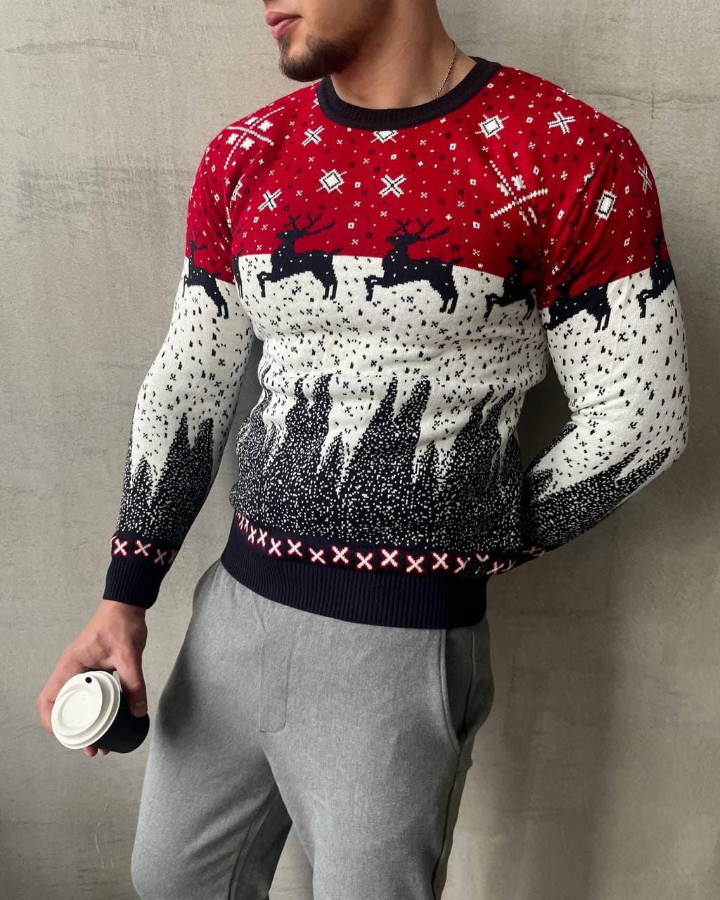 Новогодний свитер с оленями мужской качественный красный