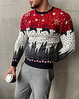 Новогодний свитер с оленями мужской качественный красный, фото 1