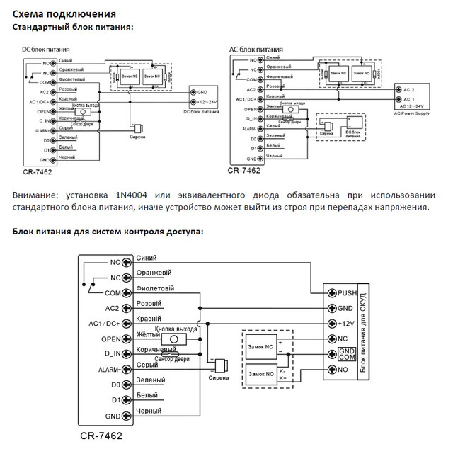 Схема подключения контроллера системы контроля доступа SEVEN CR-7462b