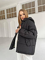 Чорна тепла зимова куртка оверсайз на блискавці і кнопках з глибоким капюшоном (р. 42-52) 7201712, фото 1
