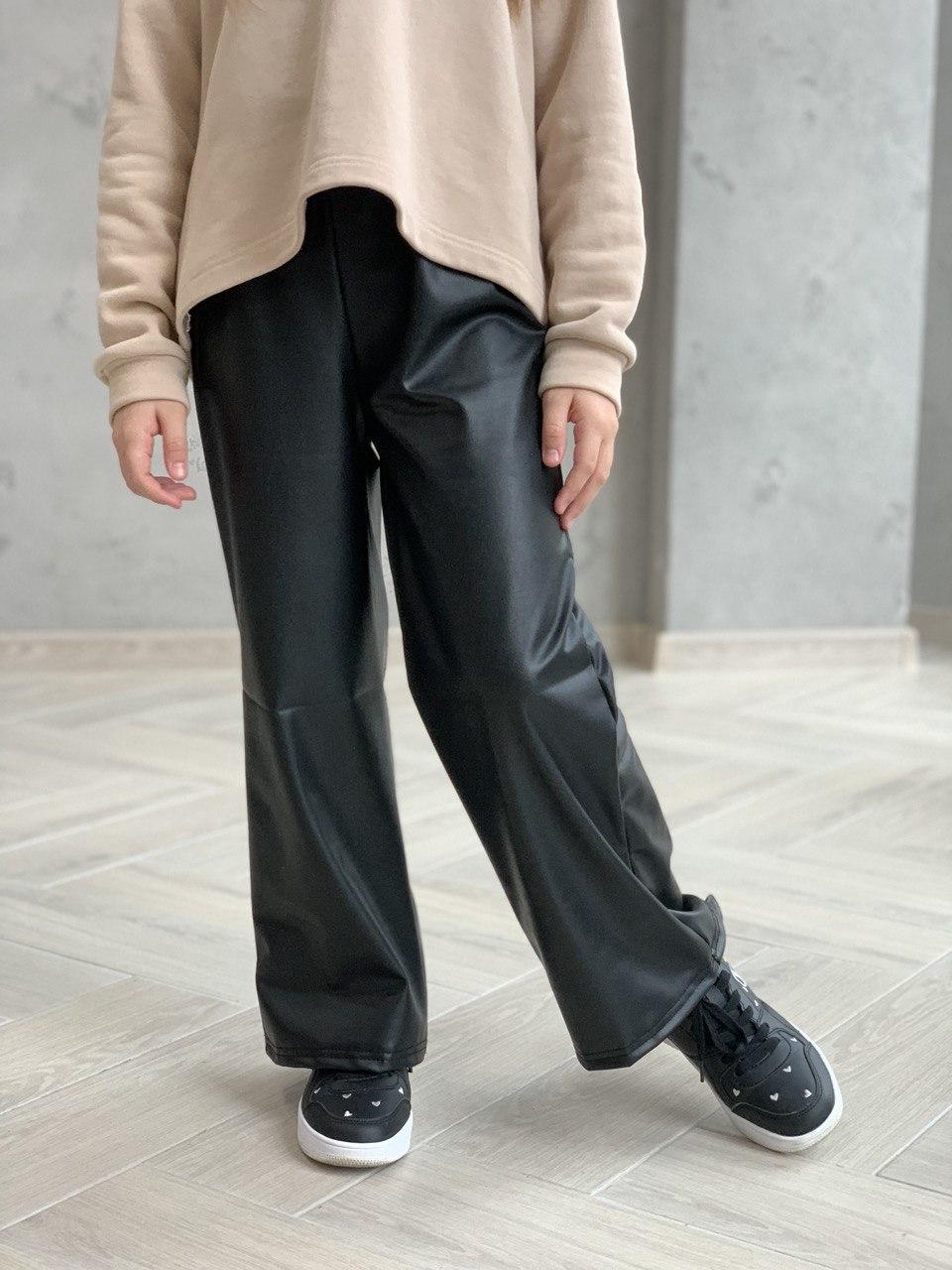 Палаццо брюки для девочки подростков экокожа широкие черного цвета №7.30