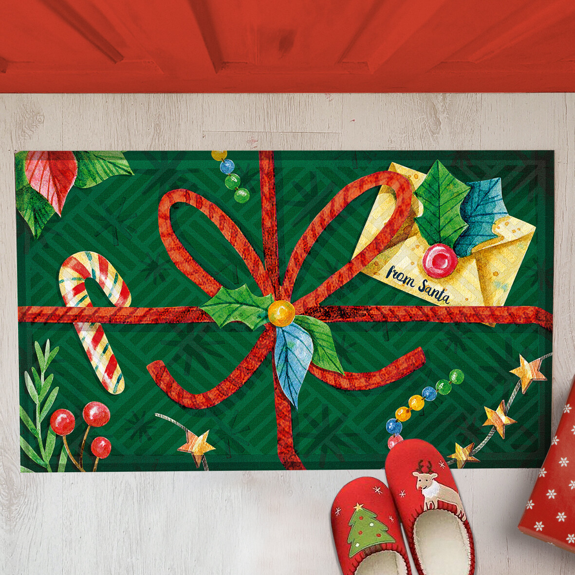 Придверні килимок на гумовій основі з новорічним принтом "Подарунок"
