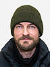 Тепла чоловіча в'язана шапка зимова Лео з відворотом модна молодіжна колір olive