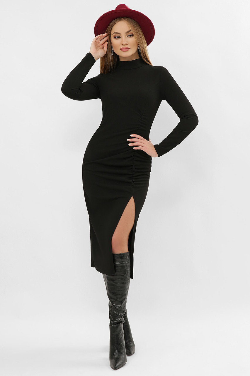 Жіноче чорне плаття з драпіруванням Зария на довгий рукав