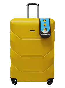 Большой пластиковый чемодан черный с поликарбонатом желтый