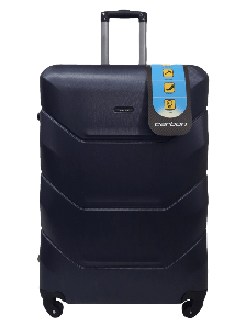 Большой пластиковый чемодан черный с поликарбонатом синий