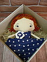 Кукла в стиле Тильда ручной работы из натуральных тканей с подушкой и одеялом, цвет синий, фото 3