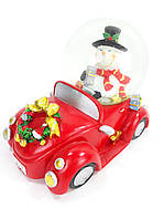 Снежный шар музыкальный "Снеговик на красной машине" 20х15см, водяной декоративный шар
