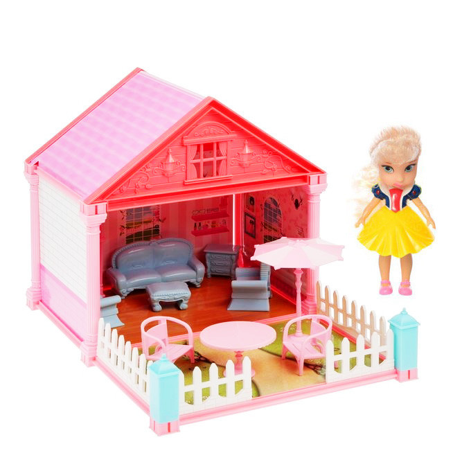 Ляльковий будиночок з двориком, меблями і лялькою 12 см VC6011D