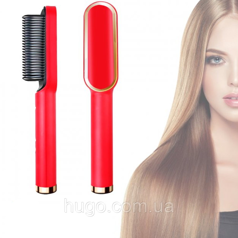 Гребінець випрямляч для волосся з турмаліновим покриттям Hair Straightener HQT-909B / Щітка випрямляч Червоний