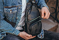 Мужской кожаный рюкзак-слинг на одно плечо TidinBag черный, фото 7