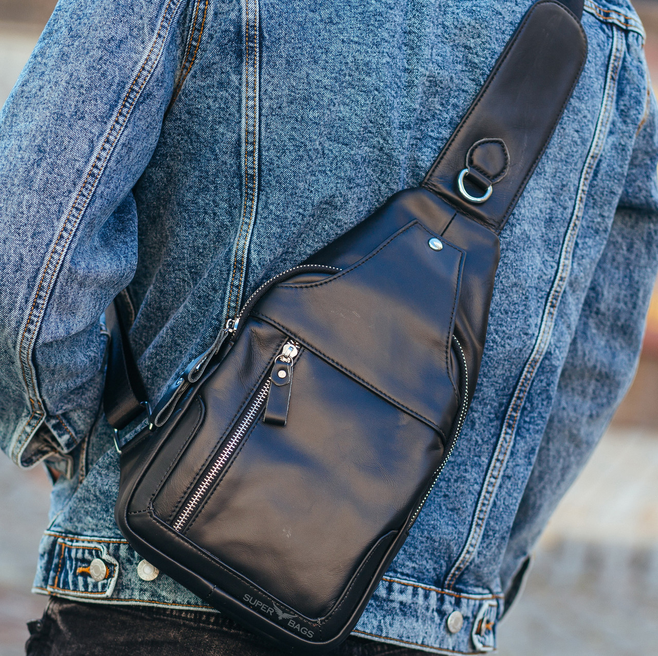 Мужская сумка-слинг кожаная Tiding Bag Черная - MK87098