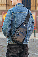 Мужская сумка-слинг кожаная Tiding Bag Черная - MK87098, фото 4