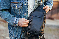 Мужская сумка-слинг кожаная Tiding Bag Черная - MK87098, фото 10