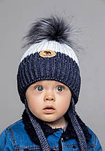 Тепла дитяча двоколірна шапка з зав'язками на флісі для хлопчика 1-2-3-4 року зимова з флісовою підкладкою