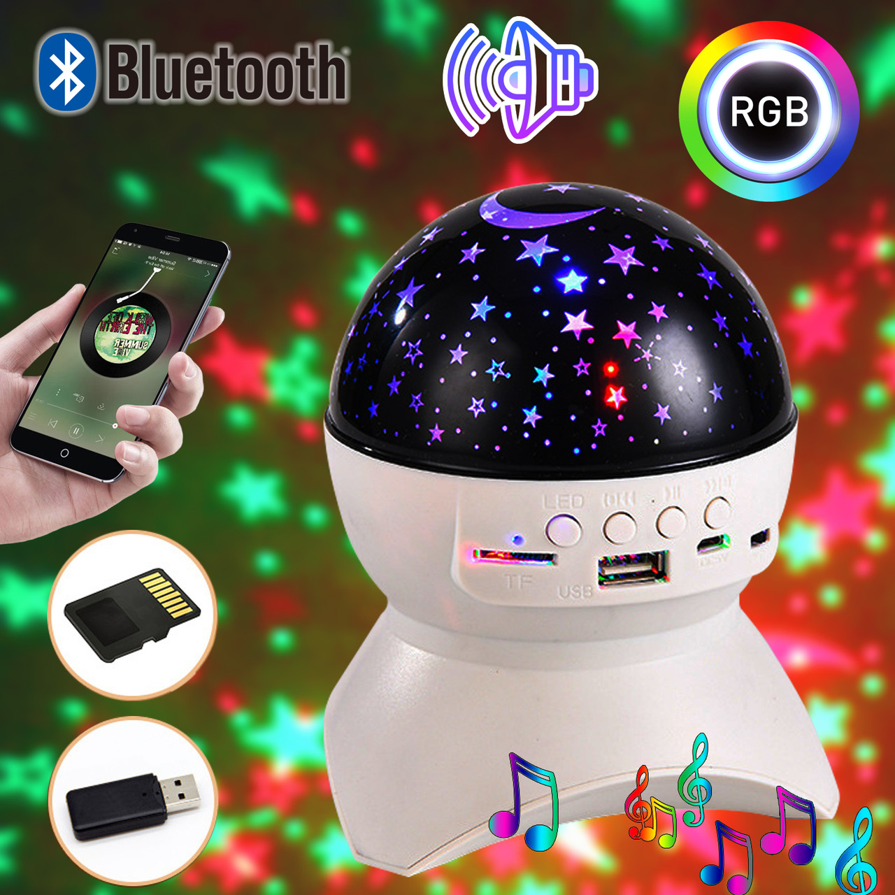 Музичний проектор зоряного неба з колонкою WOW STAR Bluetooth акумуляторний нічник з MP3 microSD