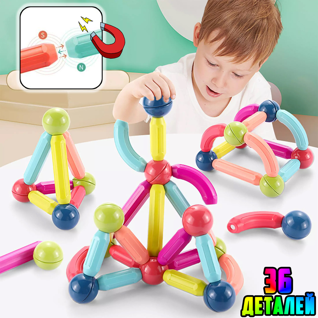 Дитячий магнітний конструктор з паличок і кульок Sticks&Balls 36 деталей кольоровий неокуб