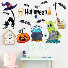 Готовые интерьерные наклейки хэллоуин Halloween декор на стену Жуткий набор ведьм М 1100х500мм Хит!