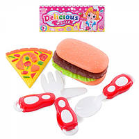 Детский набор продуктов. фастфуд, бургер, пицца, нож, вилка, ложка