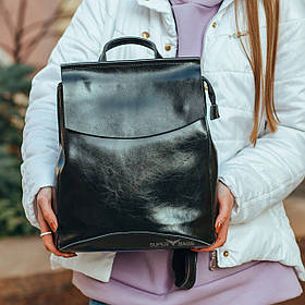 Жіночий рюкзак-сумка чорного кольору з натуральної шкіри Tiding Bag - 24094