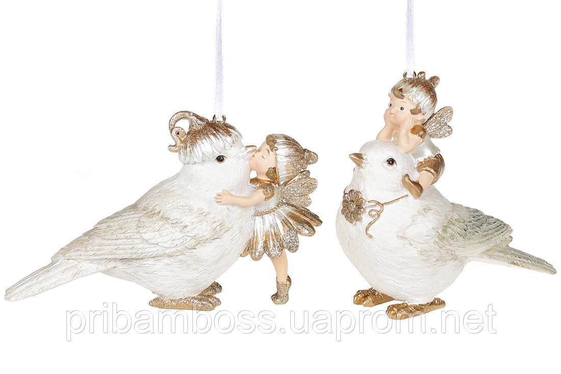 Підвісна декоративна фігурка Пташка з феєю, 10.8 см, 2 види, колір - білий з золотом, 2 шт.