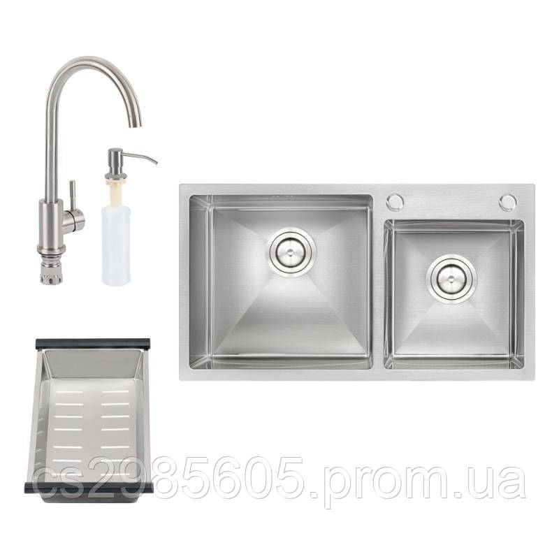 Набір 4 в 1 Qtap S7843 Set кухонна мийка Satin + змішувач для кухні + сушарка + дозатор для рідкого мила